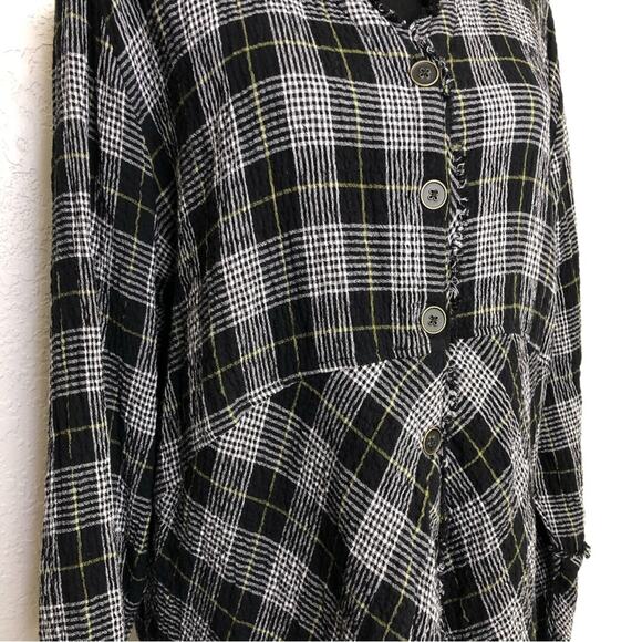 Habitat black white plaid gauze cotton raw hem button tunic top size Large - Picture 3 of 16